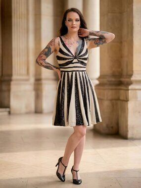 Tracy Reese ✦ Silk Beaded Striped Midi Dress ✦ Deep V-Neck Flared Skirt M